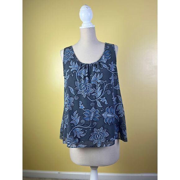 LOFT Floral Paisley Sleeveless Tank Top Blouse Gray‎ Navy Blue Scoop Neck Size S - Picture 1 of 5